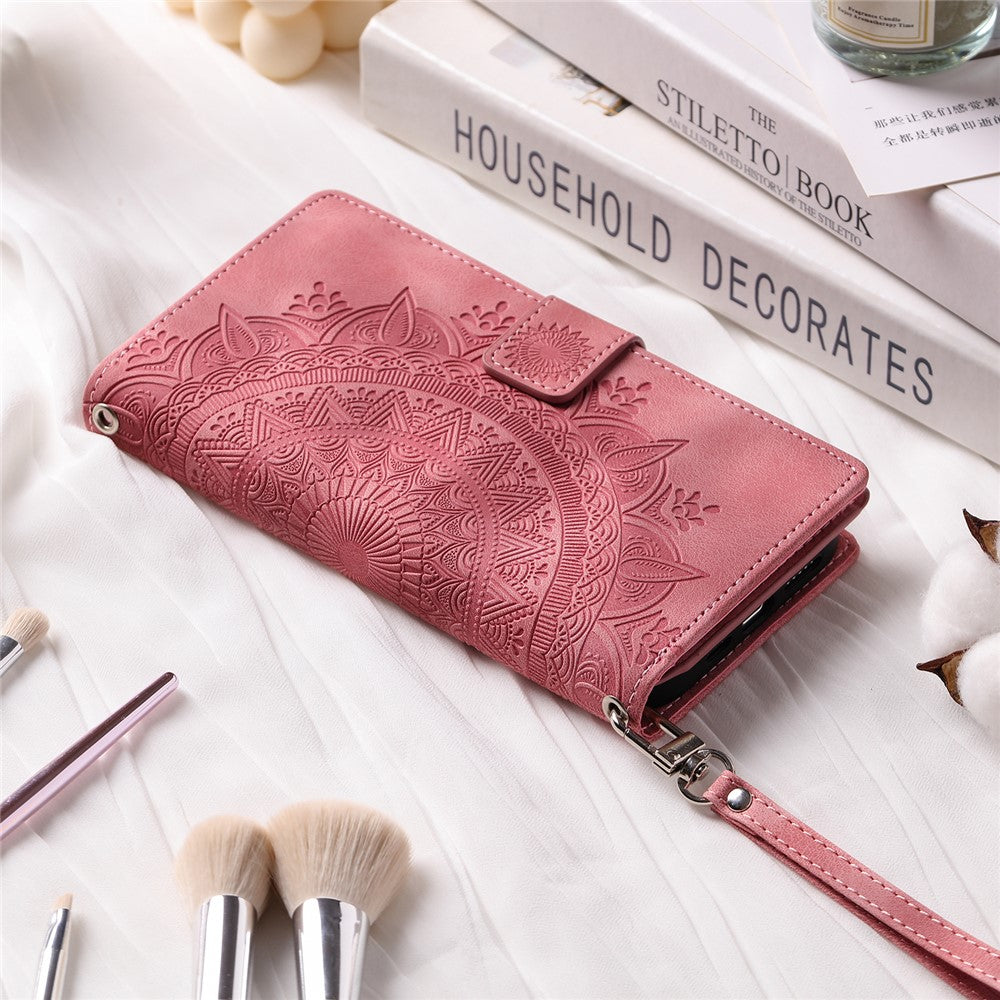 For iPhone 13 mini 5.4 inch PU Leather Mandala Flower Imprinted Wallet Case Multiple Card Slots Magnetic Closure Zipper Pocket Stand Cover with Strap