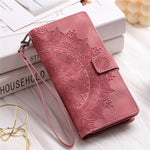 For iPhone 13 mini 5.4 inch PU Leather Mandala Flower Imprinted Wallet Case Multiple Card Slots Magnetic Closure Zipper Pocket Stand Cover with Strap