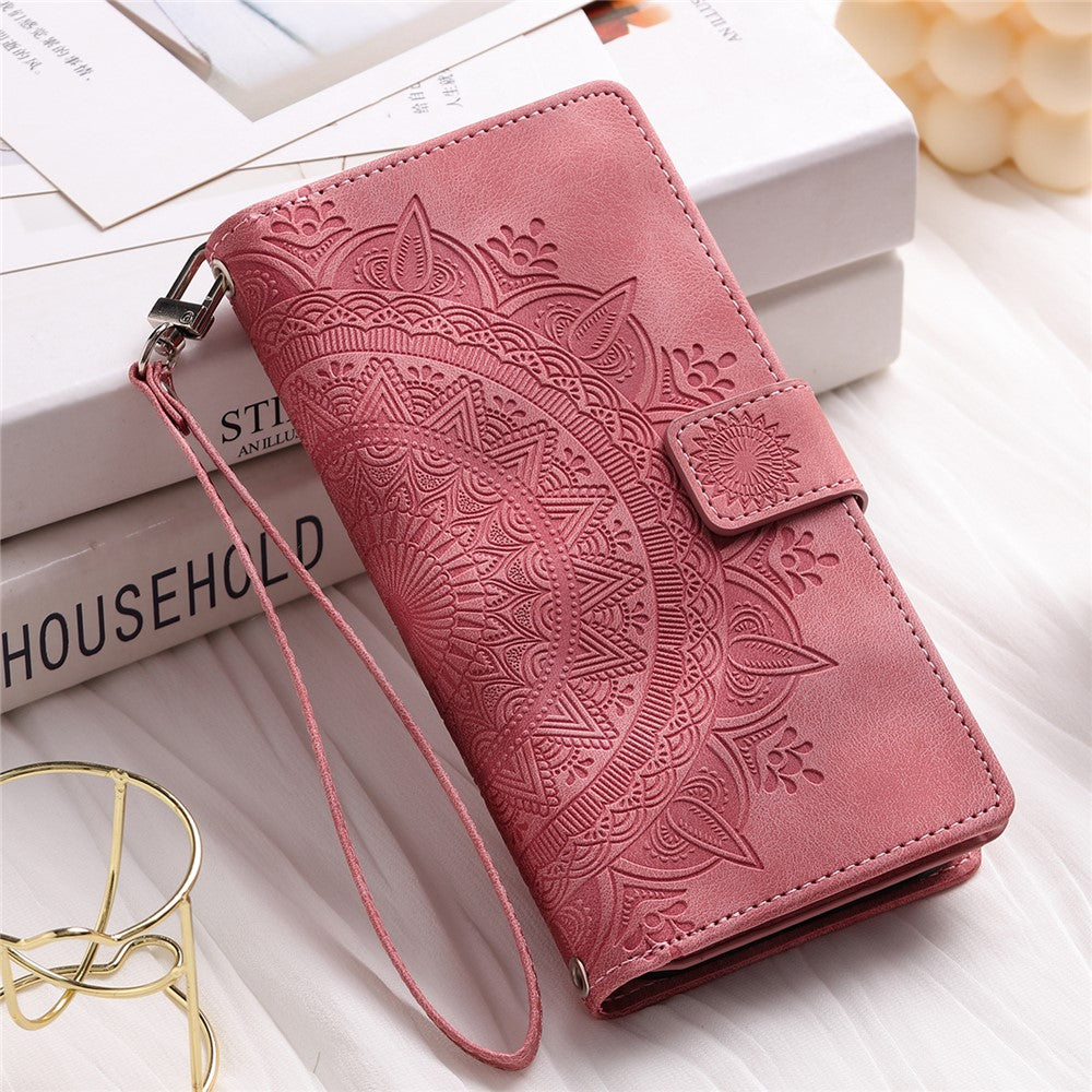 For iPhone 13 mini 5.4 inch PU Leather Mandala Flower Imprinted Wallet Case Multiple Card Slots Magnetic Closure Zipper Pocket Stand Cover with Strap