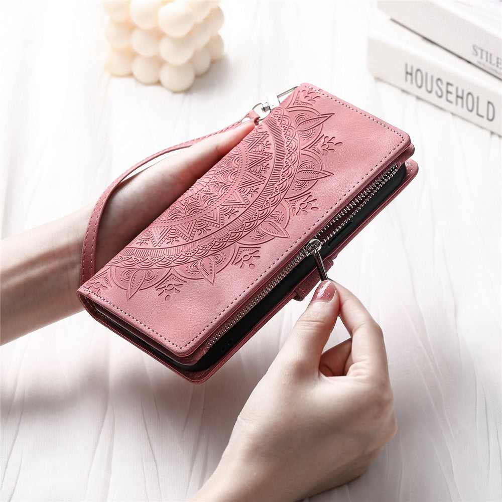 For iPhone 13 mini 5.4 inch PU Leather Mandala Flower Imprinted Wallet Case Multiple Card Slots Magnetic Closure Zipper Pocket Stand Cover with Strap