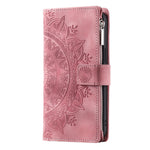 For iPhone 13 mini 5.4 inch PU Leather Mandala Flower Imprinted Wallet Case Multiple Card Slots Magnetic Closure Zipper Pocket Stand Cover with Strap