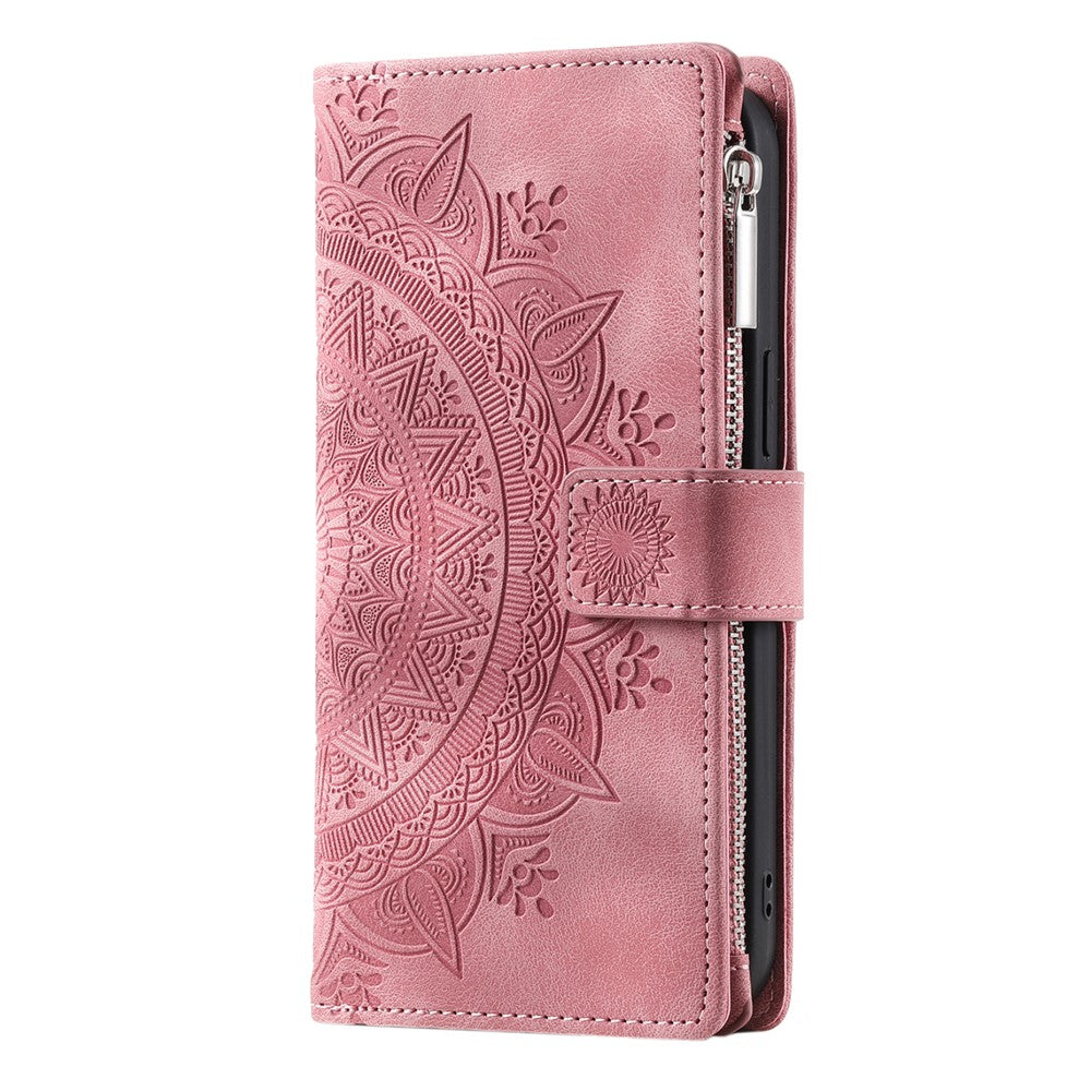 For iPhone 13 mini 5.4 inch PU Leather Mandala Flower Imprinted Wallet Case Multiple Card Slots Magnetic Closure Zipper Pocket Stand Cover with Strap