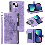 For iPhone 13 mini 5.4 inch PU Leather Mandala Flower Imprinted Wallet Case Multiple Card Slots Magnetic Closure Zipper Pocket Stand Cover with Strap