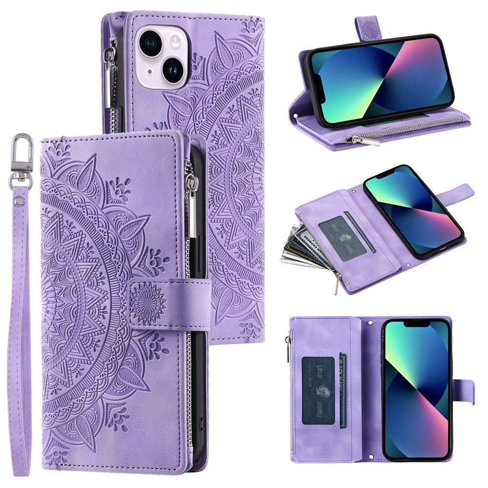 For iPhone 13 mini 5.4 inch PU Leather Mandala Flower Imprinted Wallet Case Multiple Card Slots Magnetic Closure Zipper Pocket Stand Cover with Strap