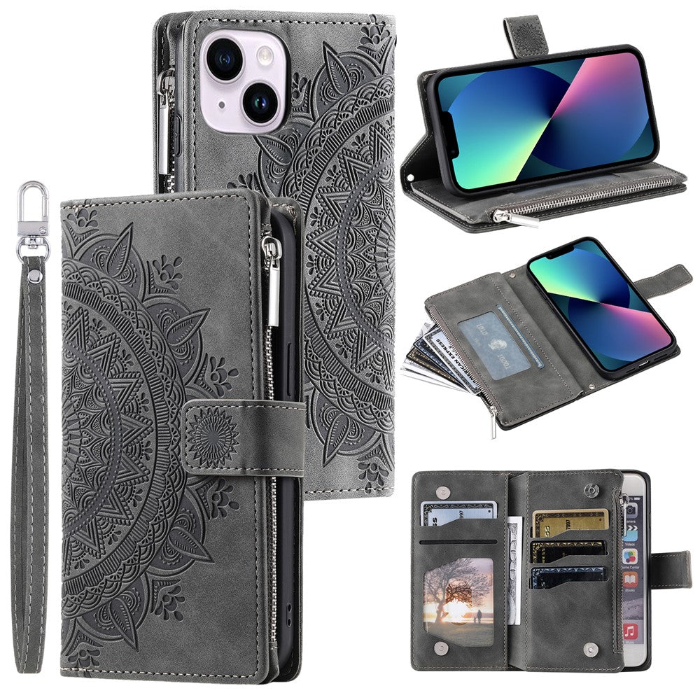 For iPhone 13 mini 5.4 inch PU Leather Mandala Flower Imprinted Wallet Case Multiple Card Slots Magnetic Closure Zipper Pocket Stand Cover with Strap