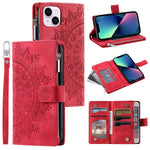 For iPhone 13 mini 5.4 inch PU Leather Mandala Flower Imprinted Wallet Case Multiple Card Slots Magnetic Closure Zipper Pocket Stand Cover with Strap