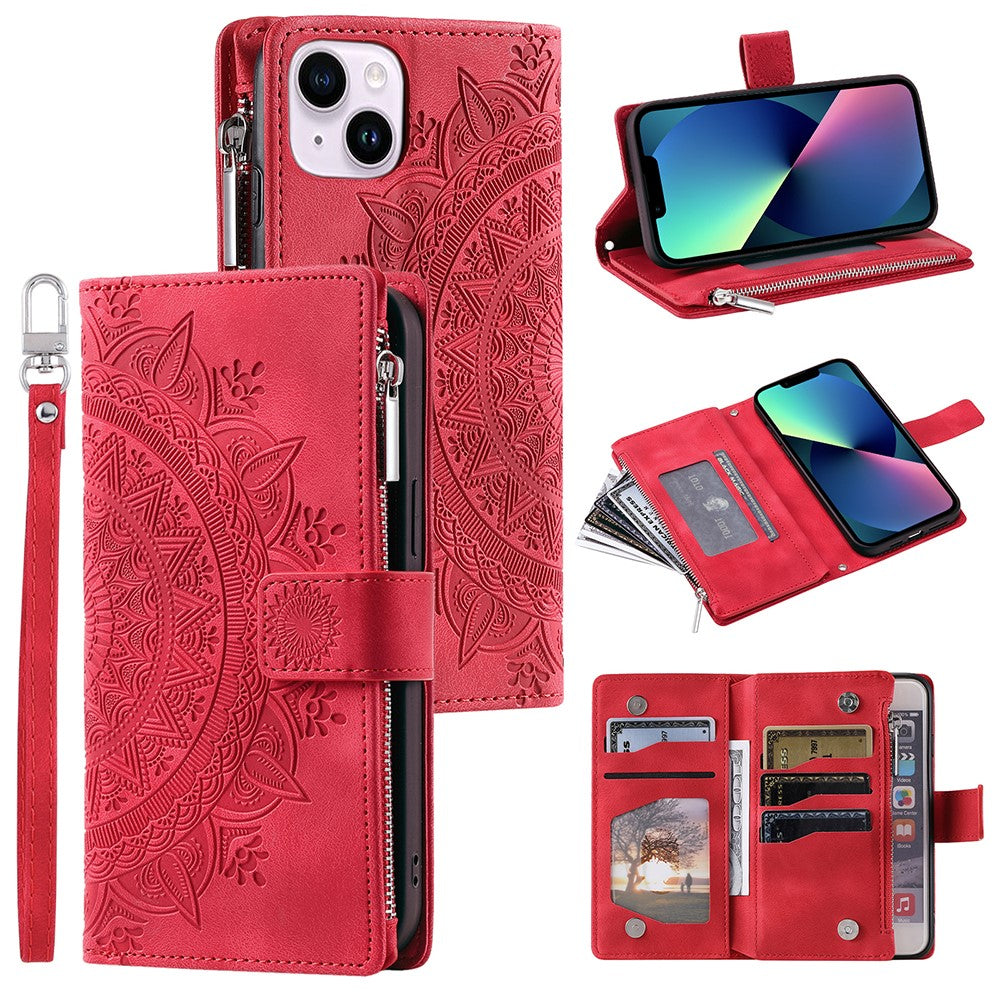 For iPhone 13 mini 5.4 inch PU Leather Mandala Flower Imprinted Wallet Case Multiple Card Slots Magnetic Closure Zipper Pocket Stand Cover with Strap