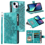 For iPhone 13 mini 5.4 inch PU Leather Mandala Flower Imprinted Wallet Case Multiple Card Slots Magnetic Closure Zipper Pocket Stand Cover with Strap