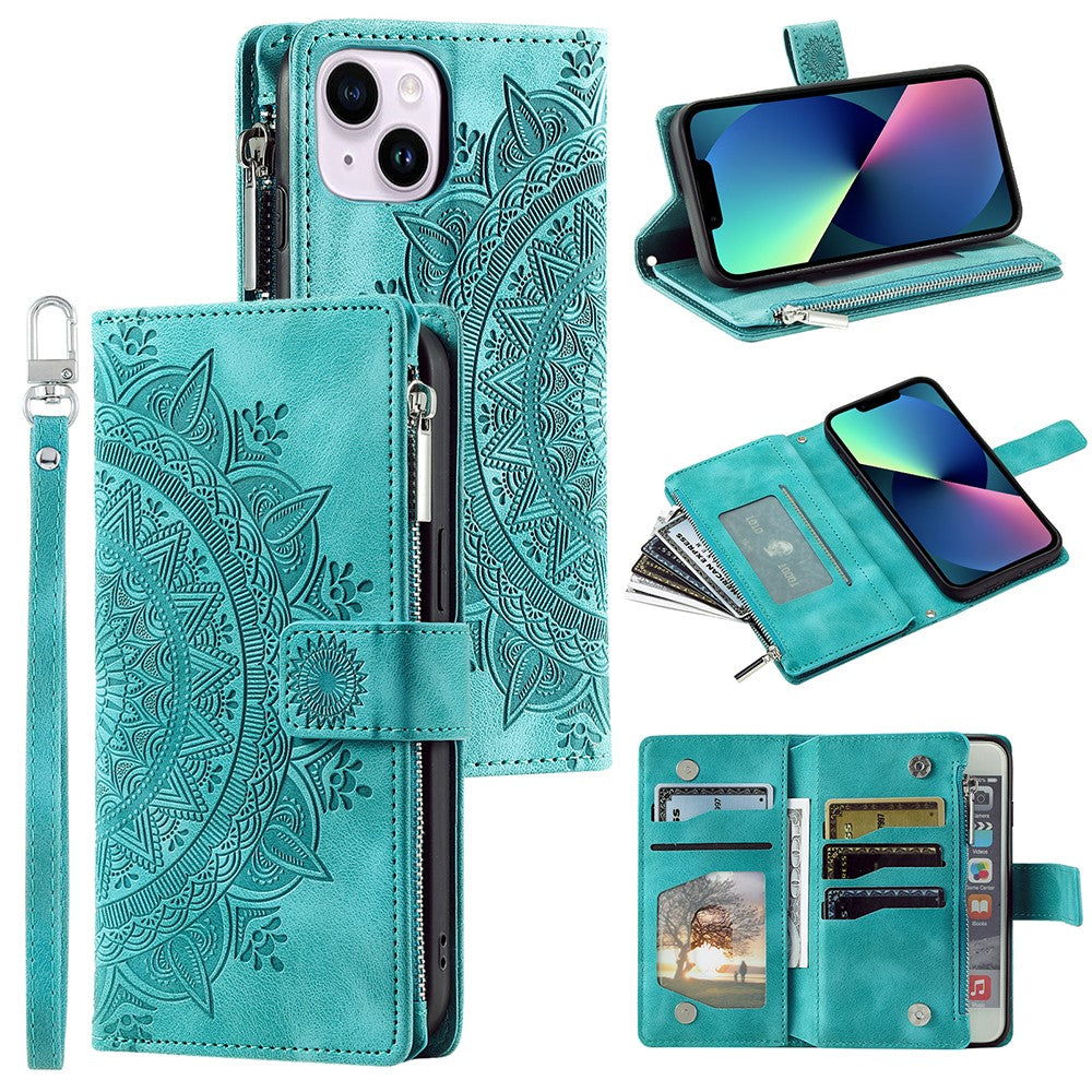 For iPhone 13 mini 5.4 inch PU Leather Mandala Flower Imprinted Wallet Case Multiple Card Slots Magnetic Closure Zipper Pocket Stand Cover with Strap