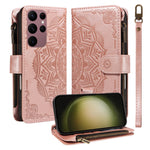 For Samsung Galaxy S23 Ultra Wallet Case 9 Card Slots RFID Blocking Mandala Embossed Leather Flip Cover with Wrist Strap