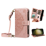For Samsung Galaxy S23 Ultra Wallet Case 9 Card Slots RFID Blocking Mandala Embossed Leather Flip Cover with Wrist Strap