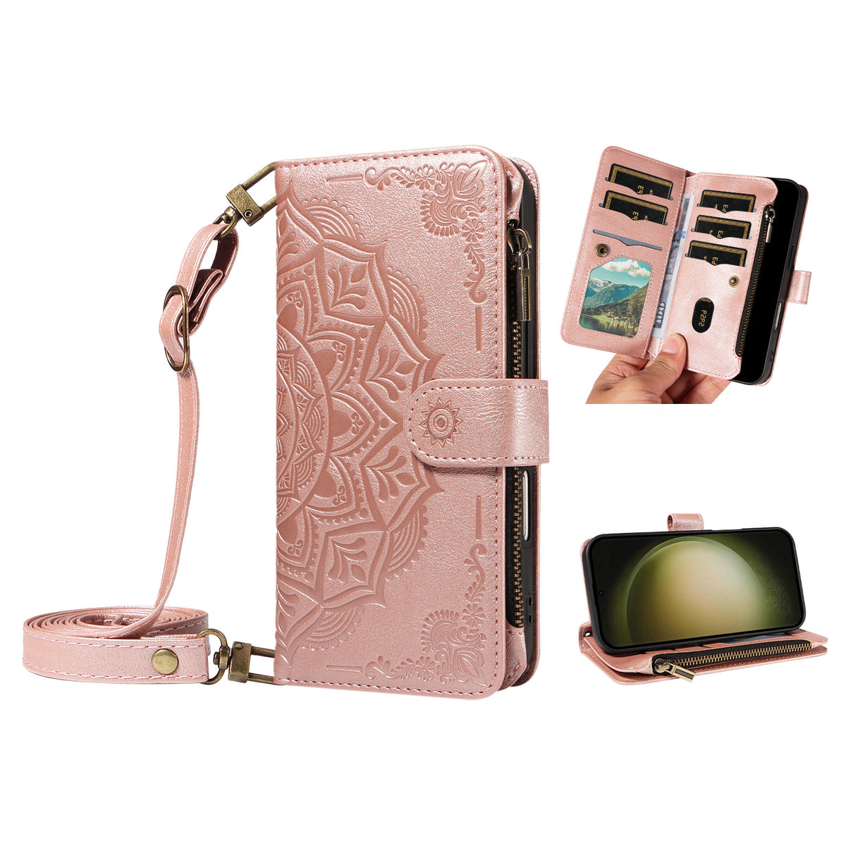 For Samsung Galaxy S23 Ultra Wallet Case 9 Card Slots RFID Blocking Mandala Embossed Leather Flip Cover with Wrist Strap