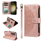 For Samsung Galaxy S23 Ultra Wallet Case 9 Card Slots RFID Blocking Mandala Embossed Leather Flip Cover with Wrist Strap