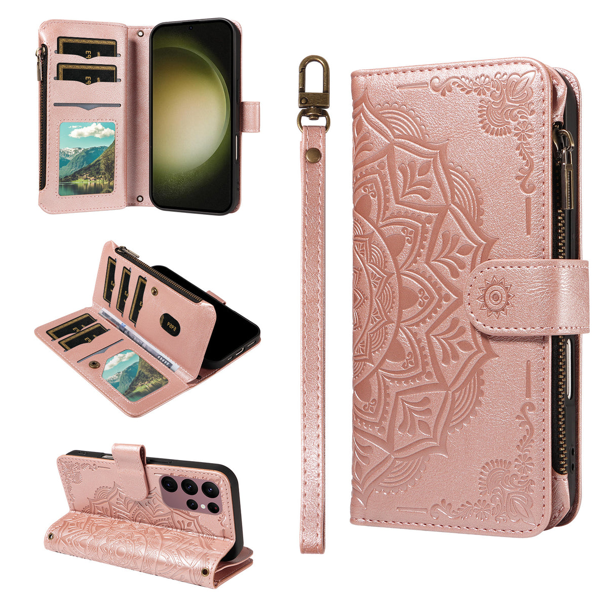 For Samsung Galaxy S23 Ultra Wallet Case 9 Card Slots RFID Blocking Mandala Embossed Leather Flip Cover with Wrist Strap