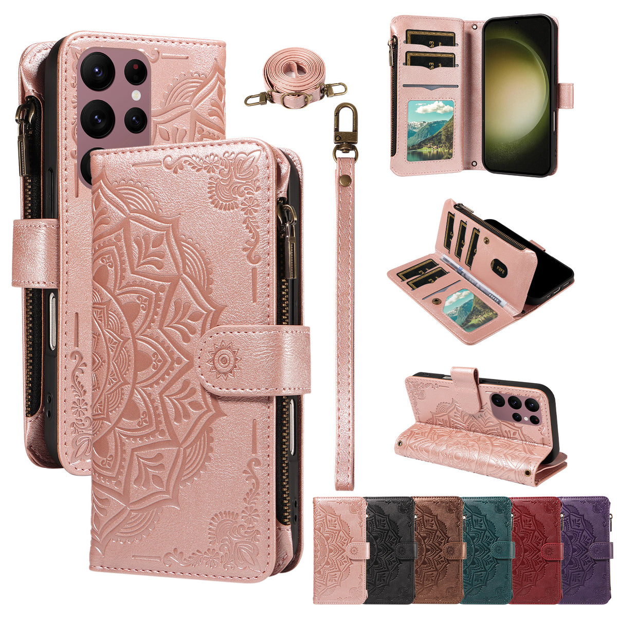For Samsung Galaxy S23 Ultra Wallet Case 9 Card Slots RFID Blocking Mandala Embossed Leather Flip Cover with Wrist Strap