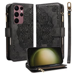 For Samsung Galaxy S23 Ultra Wallet Case 9 Card Slots RFID Blocking Mandala Embossed Leather Flip Cover with Wrist Strap