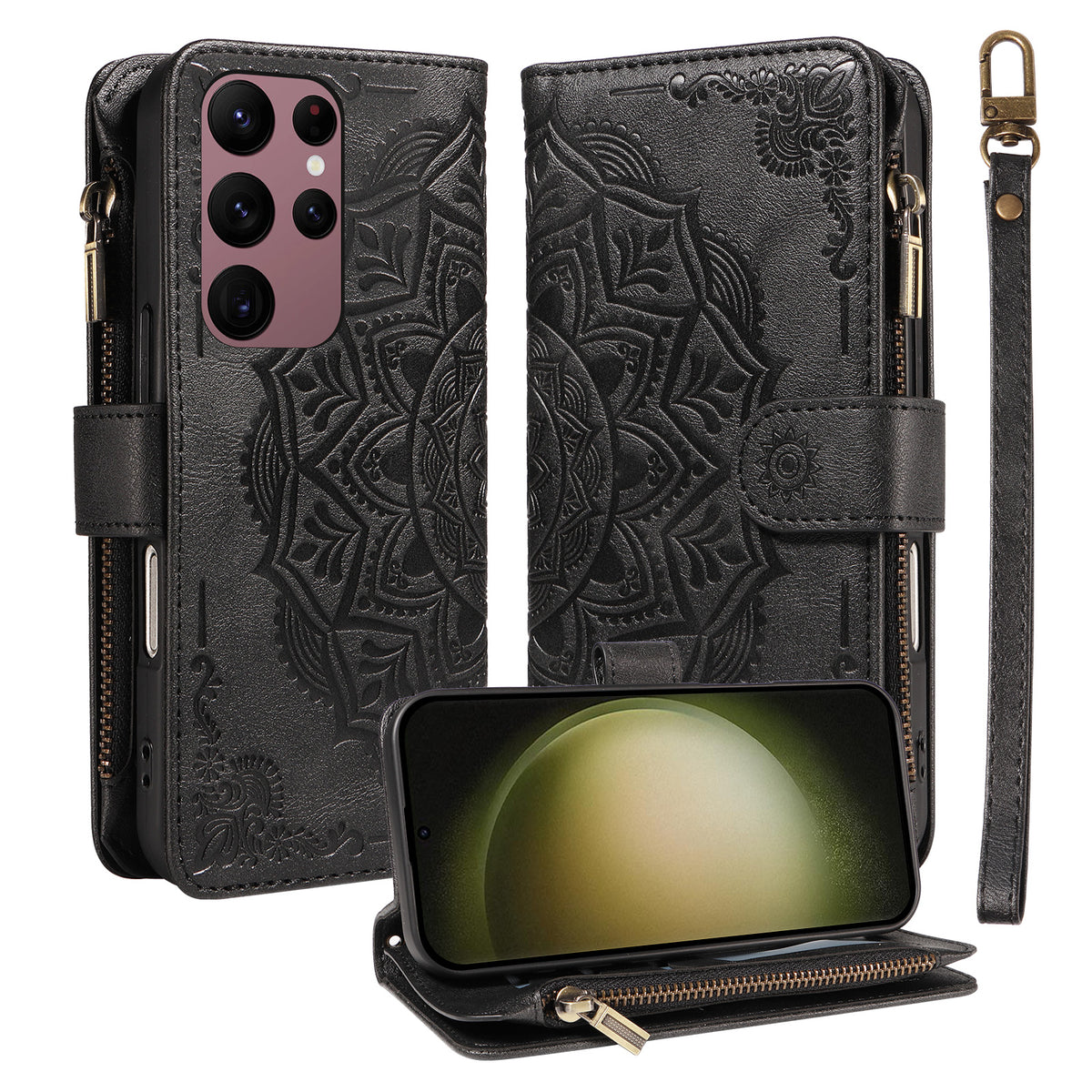 For Samsung Galaxy S23 Ultra Wallet Case 9 Card Slots RFID Blocking Mandala Embossed Leather Flip Cover with Wrist Strap