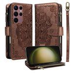For Samsung Galaxy S23 Ultra Wallet Case 9 Card Slots RFID Blocking Mandala Embossed Leather Flip Cover with Wrist Strap