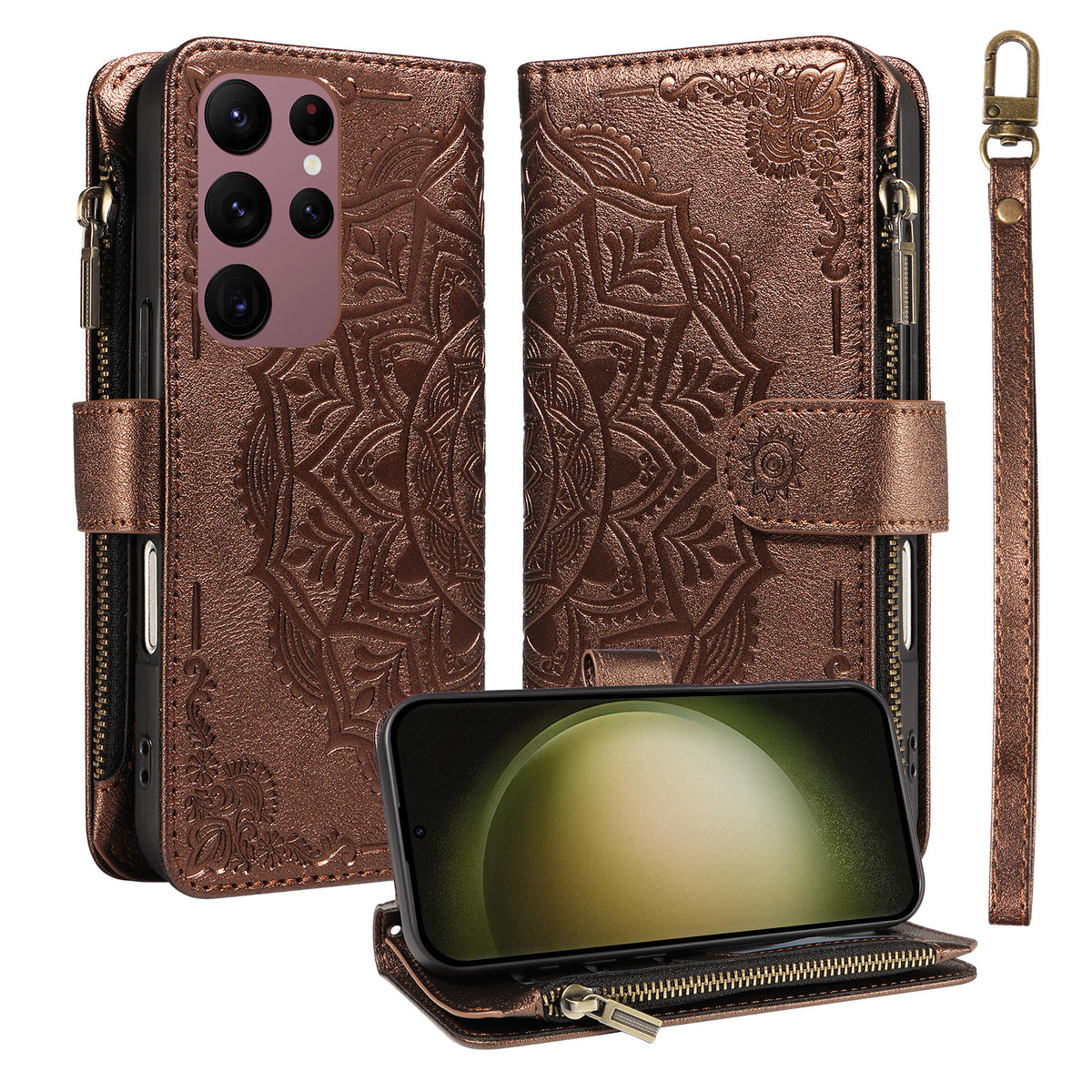 For Samsung Galaxy S23 Ultra Wallet Case 9 Card Slots RFID Blocking Mandala Embossed Leather Flip Cover with Wrist Strap