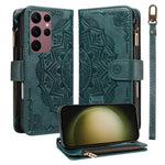 For Samsung Galaxy S23 Ultra Wallet Case 9 Card Slots RFID Blocking Mandala Embossed Leather Flip Cover with Wrist Strap