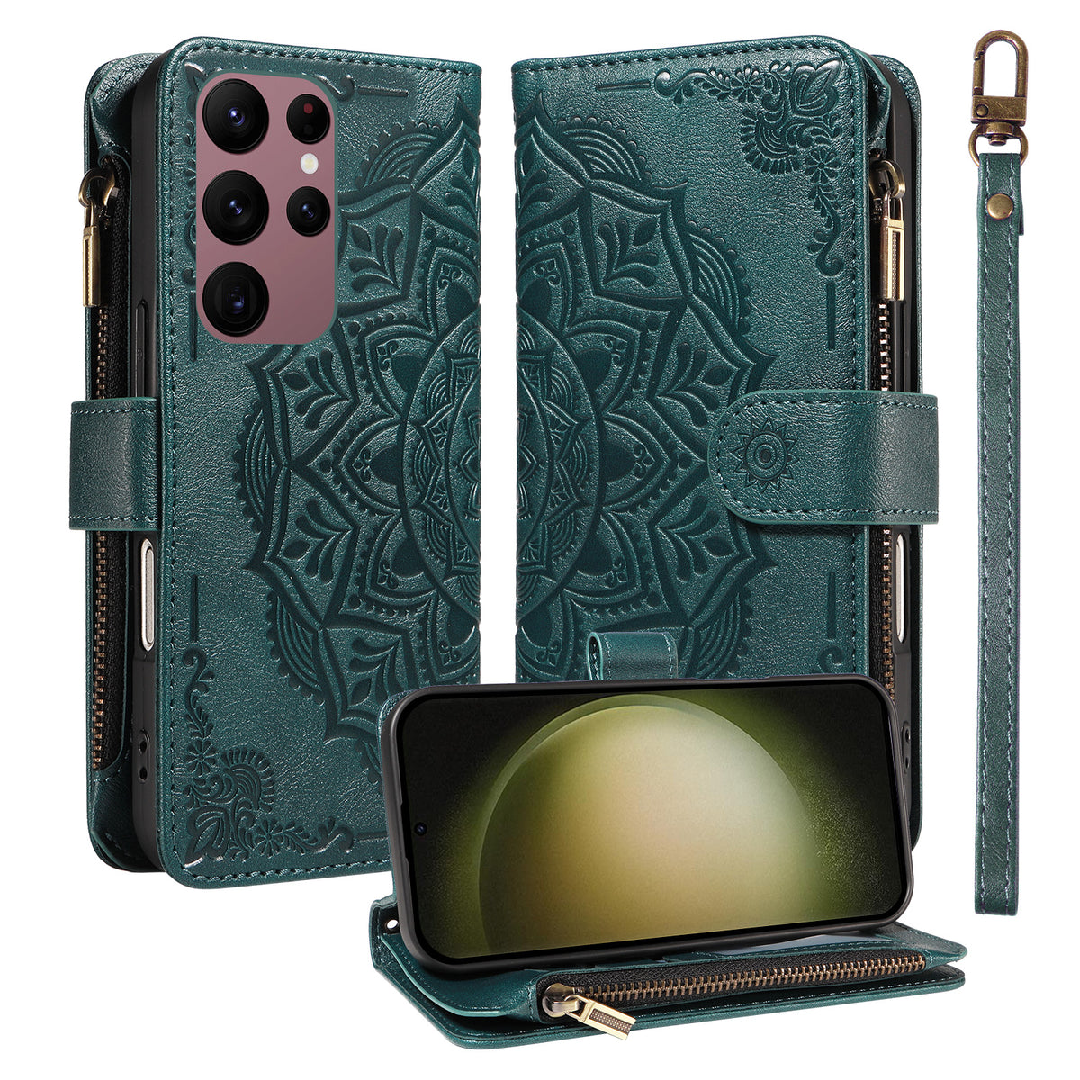 For Samsung Galaxy S23 Ultra Wallet Case 9 Card Slots RFID Blocking Mandala Embossed Leather Flip Cover with Wrist Strap