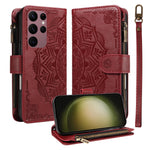 For Samsung Galaxy S23 Ultra Wallet Case 9 Card Slots RFID Blocking Mandala Embossed Leather Flip Cover with Wrist Strap