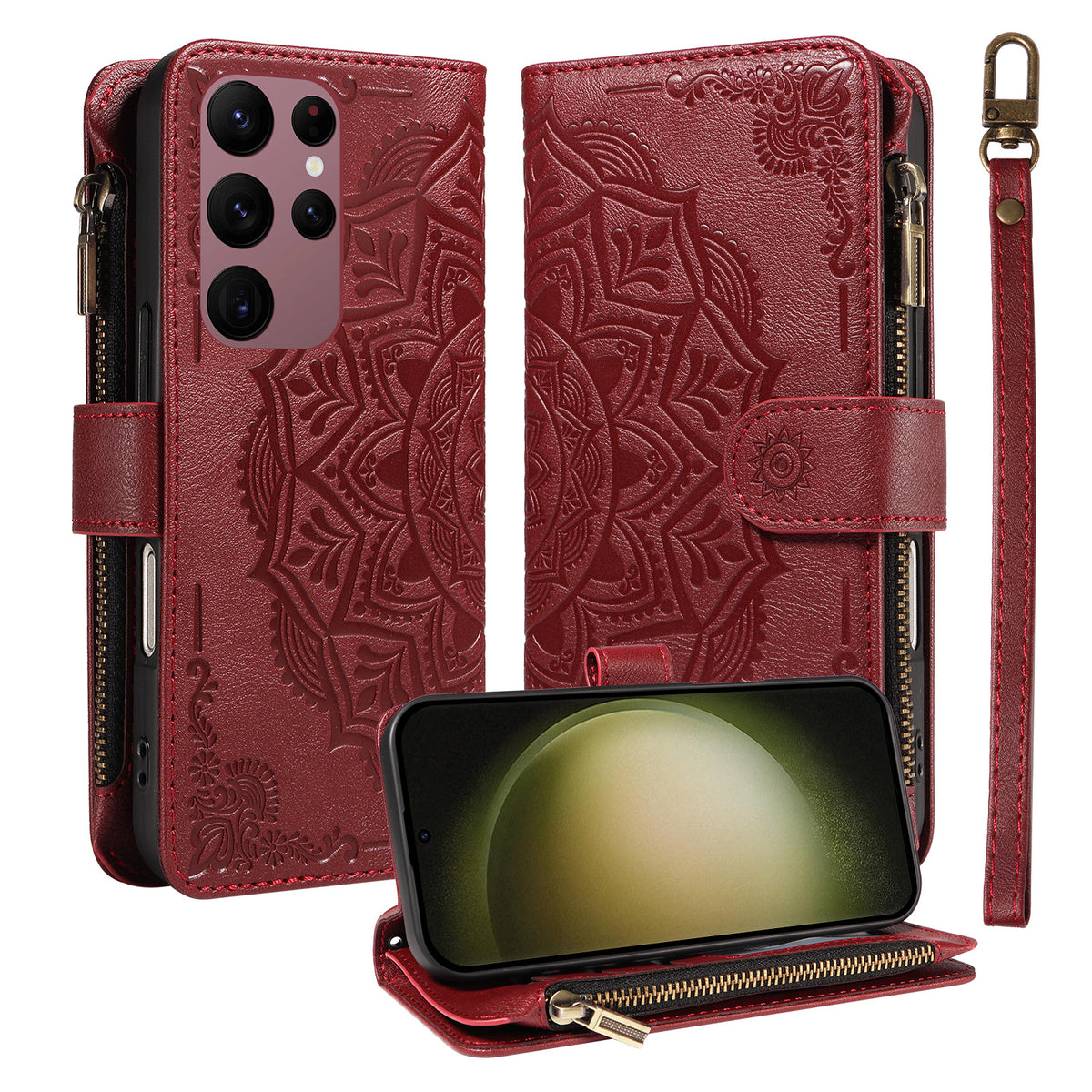 For Samsung Galaxy S23 Ultra Wallet Case 9 Card Slots RFID Blocking Mandala Embossed Leather Flip Cover with Wrist Strap
