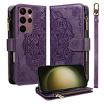 For Samsung Galaxy S23 Ultra Wallet Case 9 Card Slots RFID Blocking Mandala Embossed Leather Flip Cover with Wrist Strap