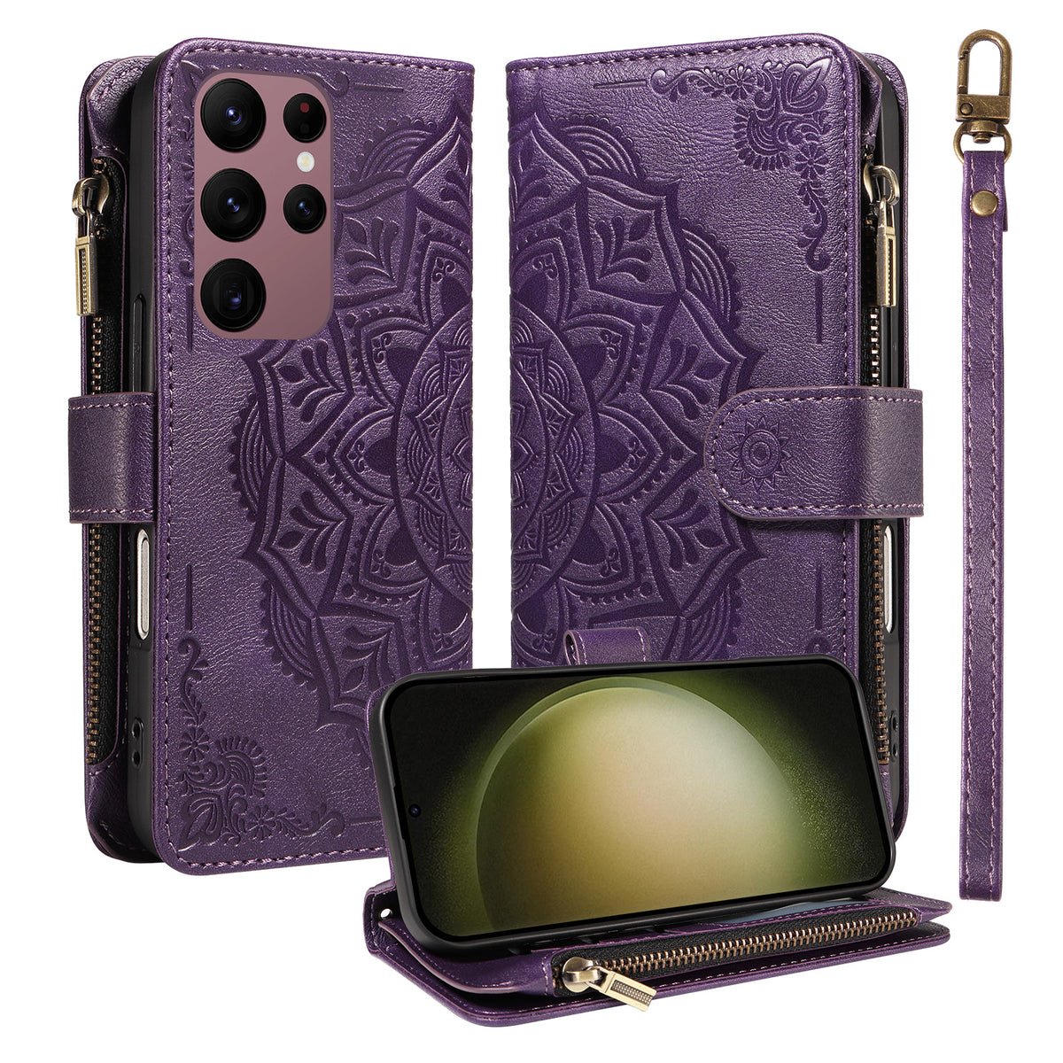 For Samsung Galaxy S23 Ultra Wallet Case 9 Card Slots RFID Blocking Mandala Embossed Leather Flip Cover with Wrist Strap