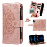 For iPhone 13 Pro Wallet Case 9 Card Slots RFID Blocking Mandala Embossed Leather Flip Cover with Wrist Strap