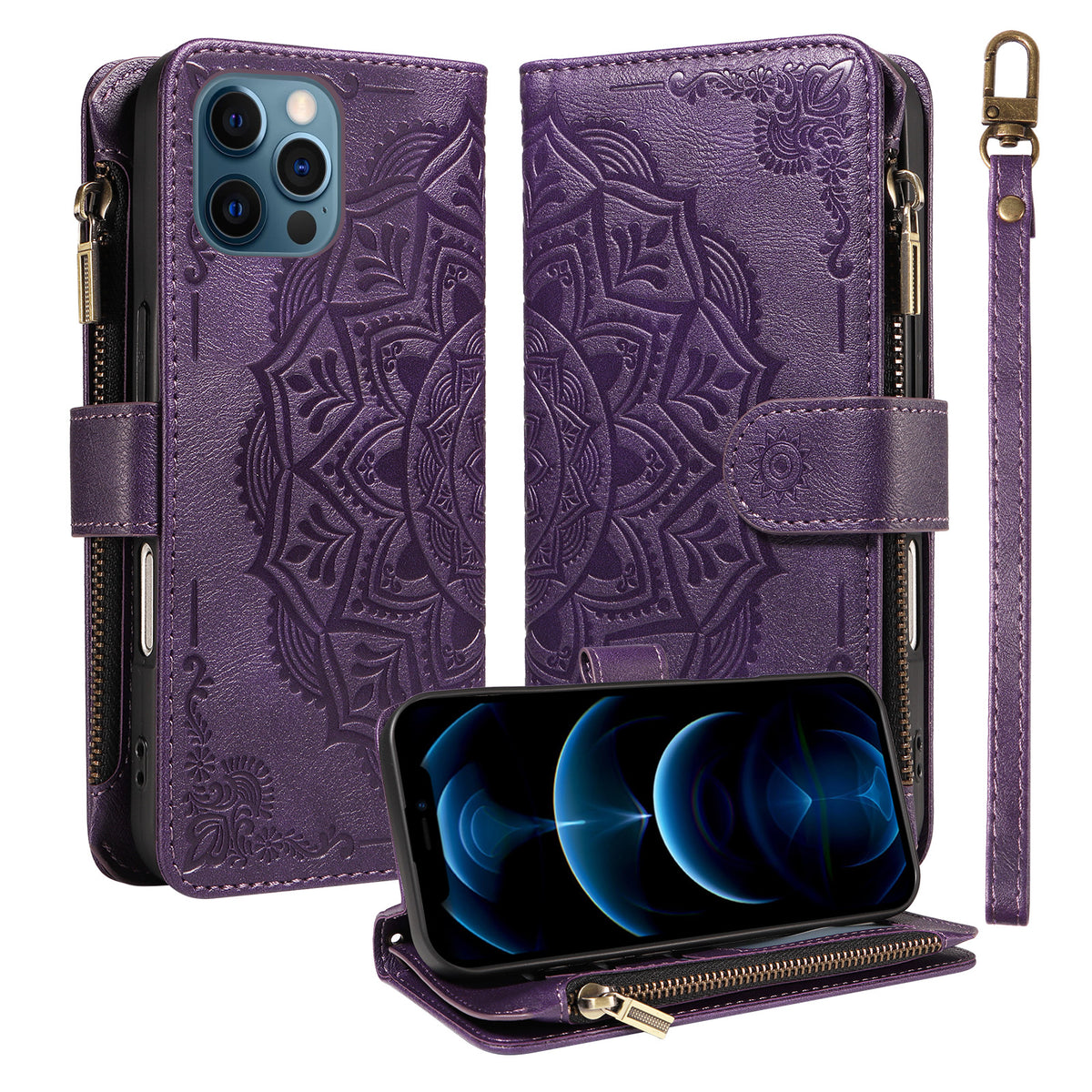 For iPhone 13 Pro Wallet Case 9 Card Slots RFID Blocking Mandala Embossed Leather Flip Cover with Wrist Strap