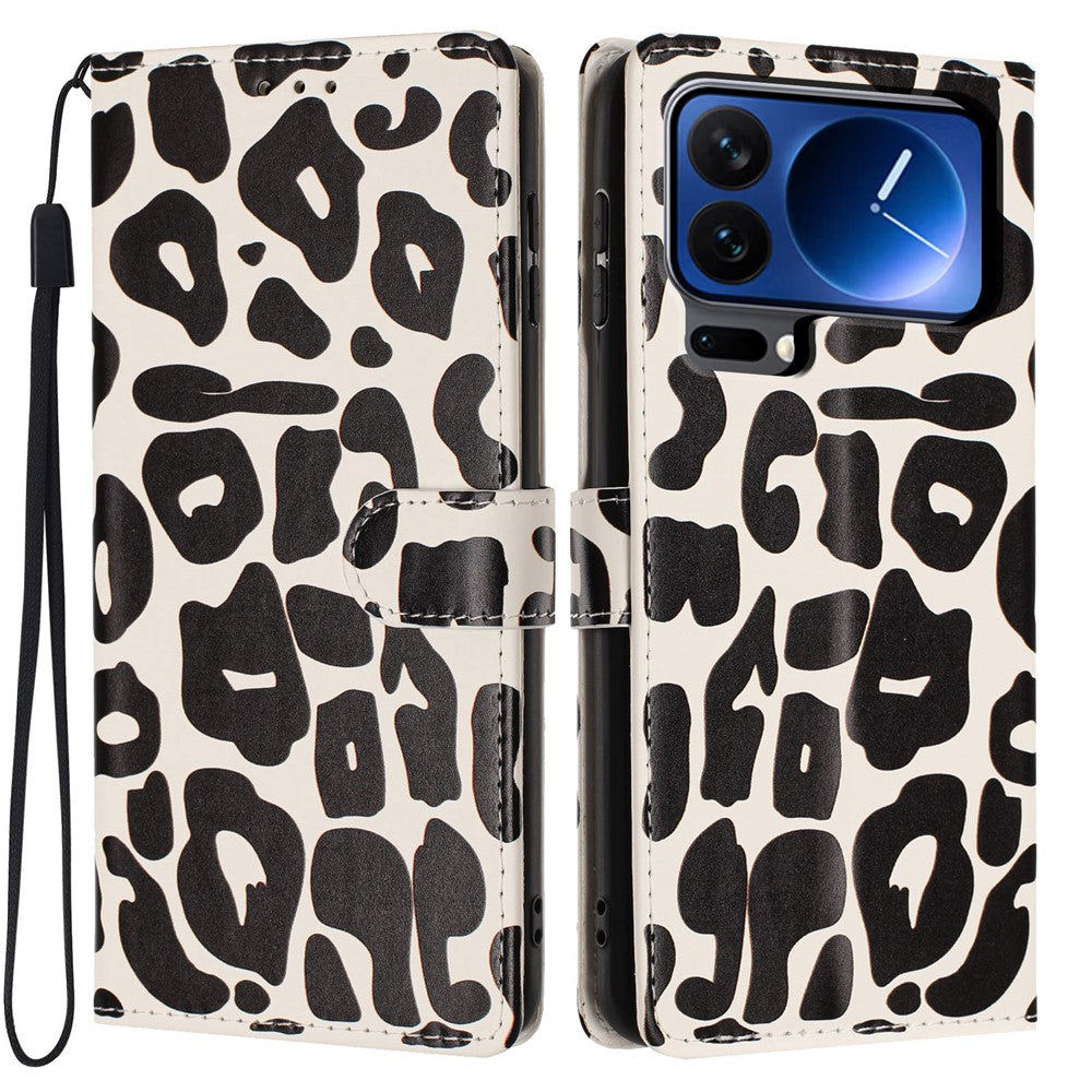 For Xiaomi 17 Pro Case Leopard Print Wallet Stand Flip Leather Phone Cover with Wrist Strap