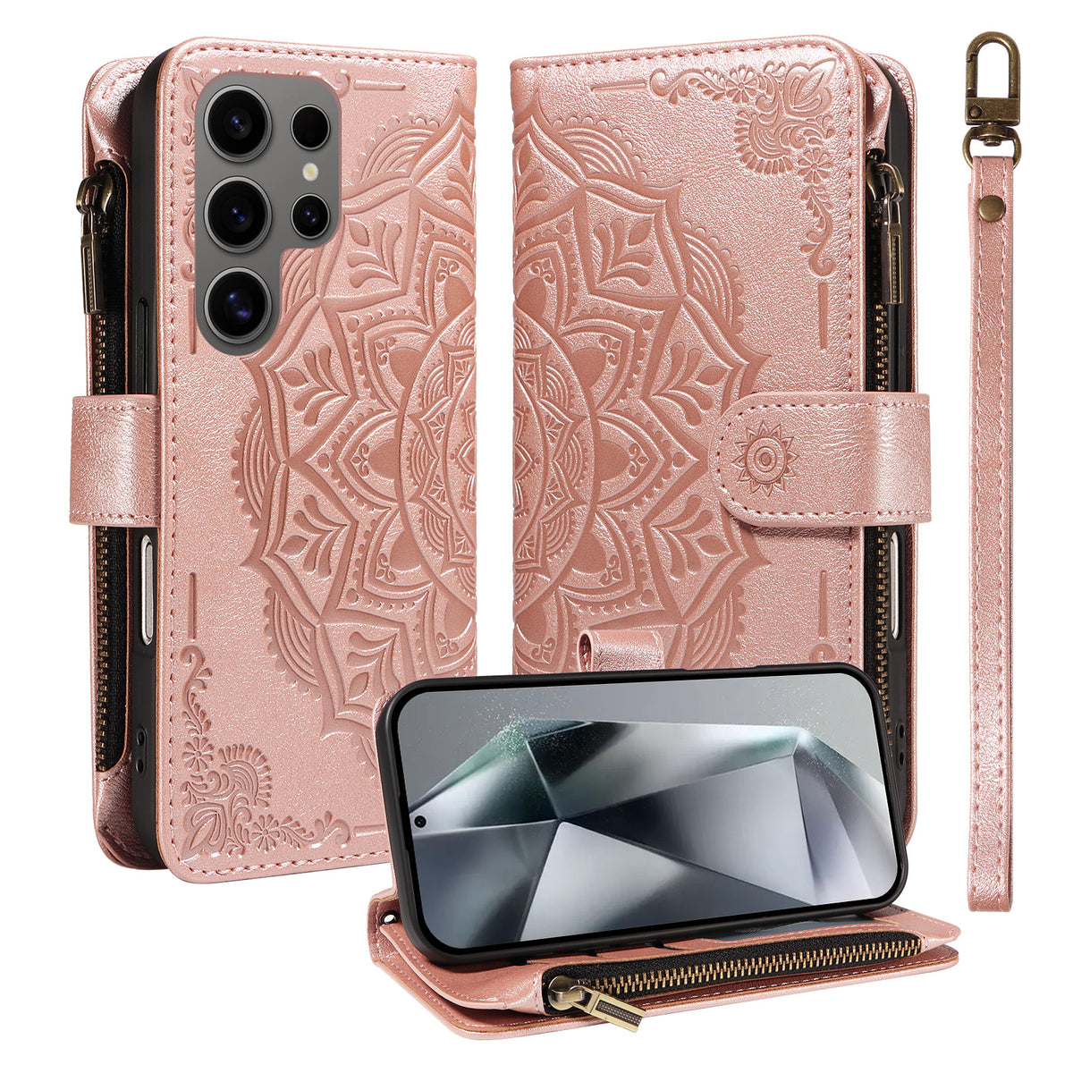 For Samsung Galaxy S24 Ultra Wallet Case 9 Card Slots RFID Blocking Mandala Embossed Leather Flip Cover with Wrist Strap
