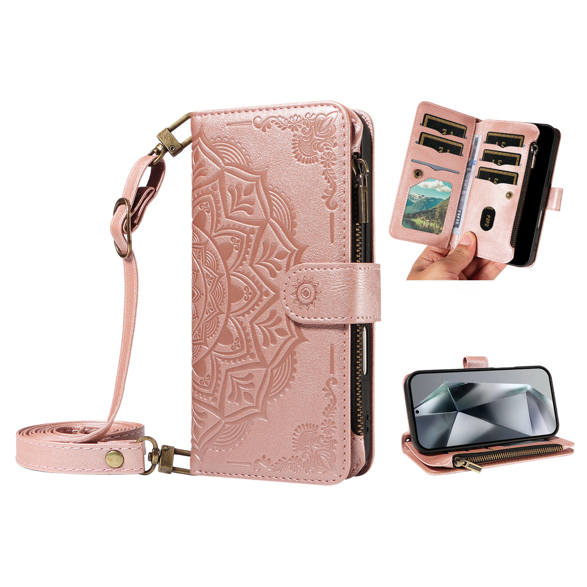 For Samsung Galaxy S24 Ultra Wallet Case 9 Card Slots RFID Blocking Mandala Embossed Leather Flip Cover with Wrist Strap