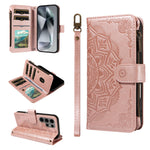 For Samsung Galaxy S24 Ultra Wallet Case 9 Card Slots RFID Blocking Mandala Embossed Leather Flip Cover with Wrist Strap