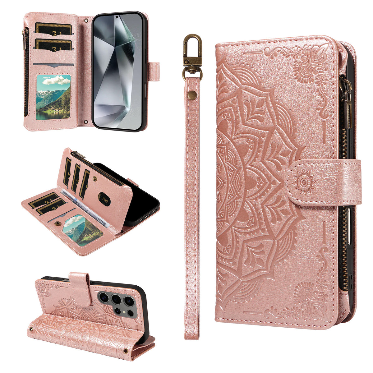 For Samsung Galaxy S24 Ultra Wallet Case 9 Card Slots RFID Blocking Mandala Embossed Leather Flip Cover with Wrist Strap