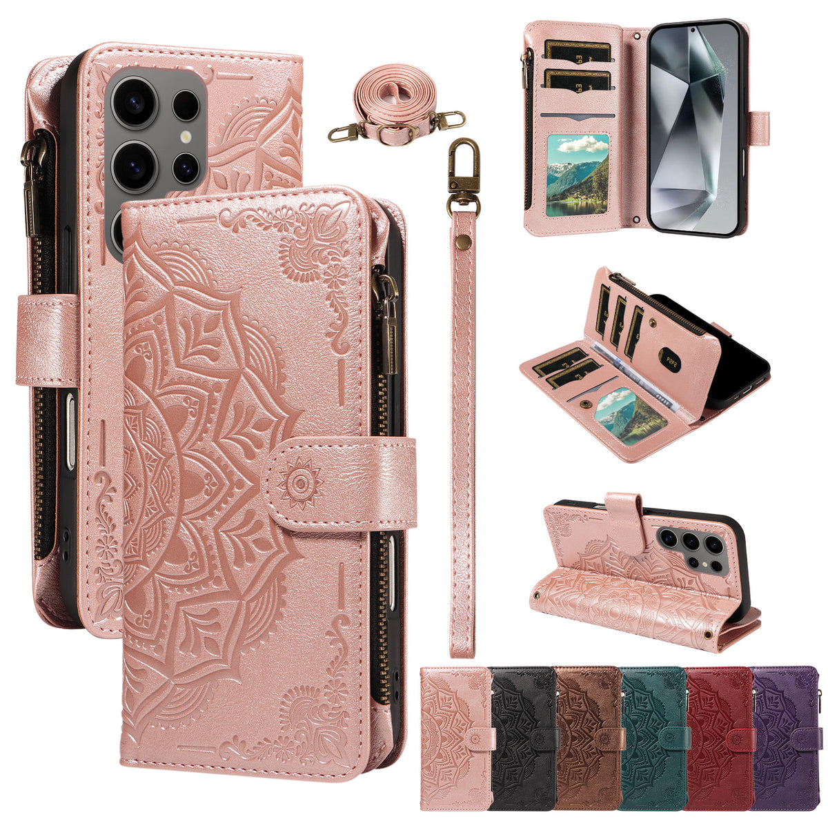 For Samsung Galaxy S24 Ultra Wallet Case 9 Card Slots RFID Blocking Mandala Embossed Leather Flip Cover with Wrist Strap