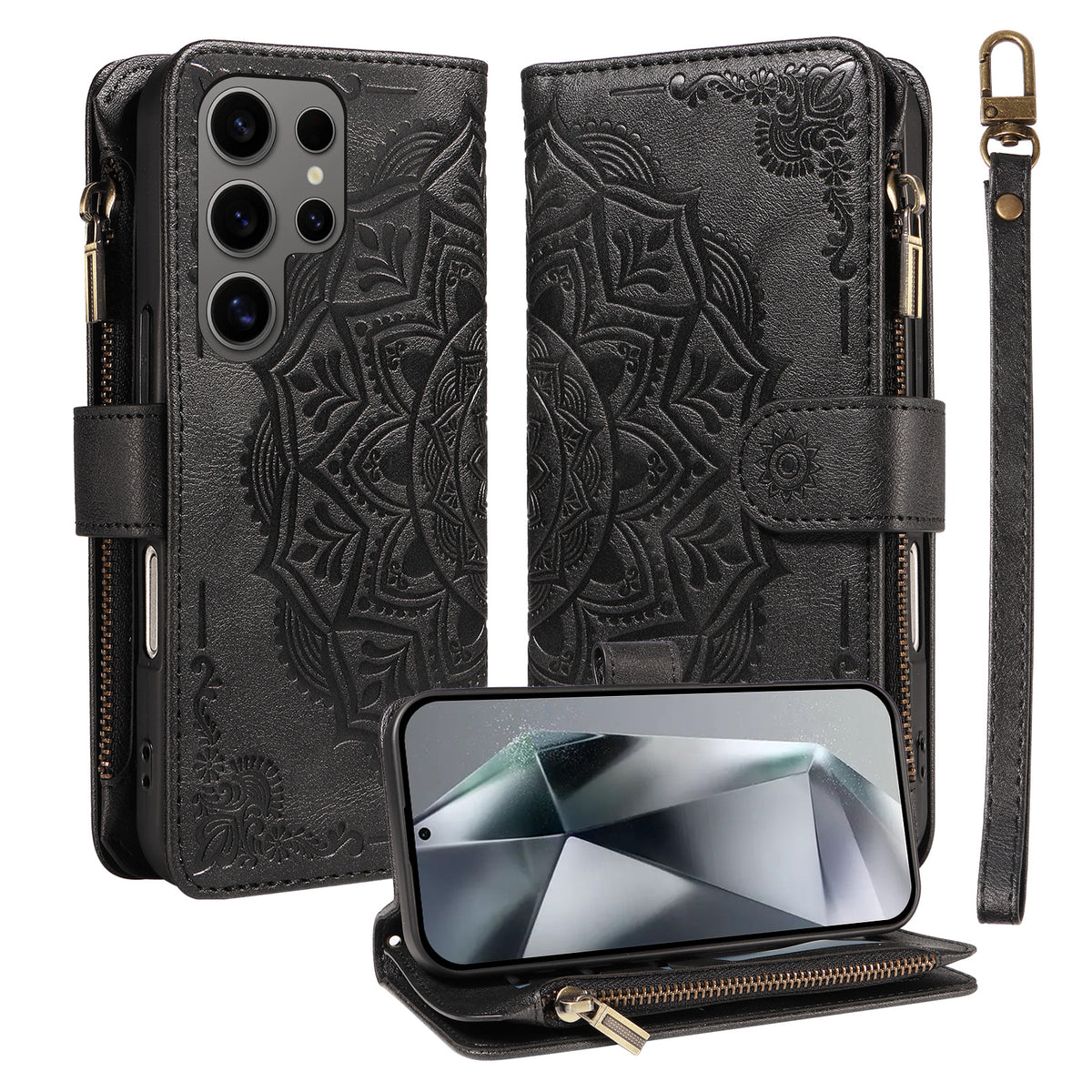 For Samsung Galaxy S24 Ultra Wallet Case 9 Card Slots RFID Blocking Mandala Embossed Leather Flip Cover with Wrist Strap