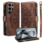 For Samsung Galaxy S24 Ultra Wallet Case 9 Card Slots RFID Blocking Mandala Embossed Leather Flip Cover with Wrist Strap