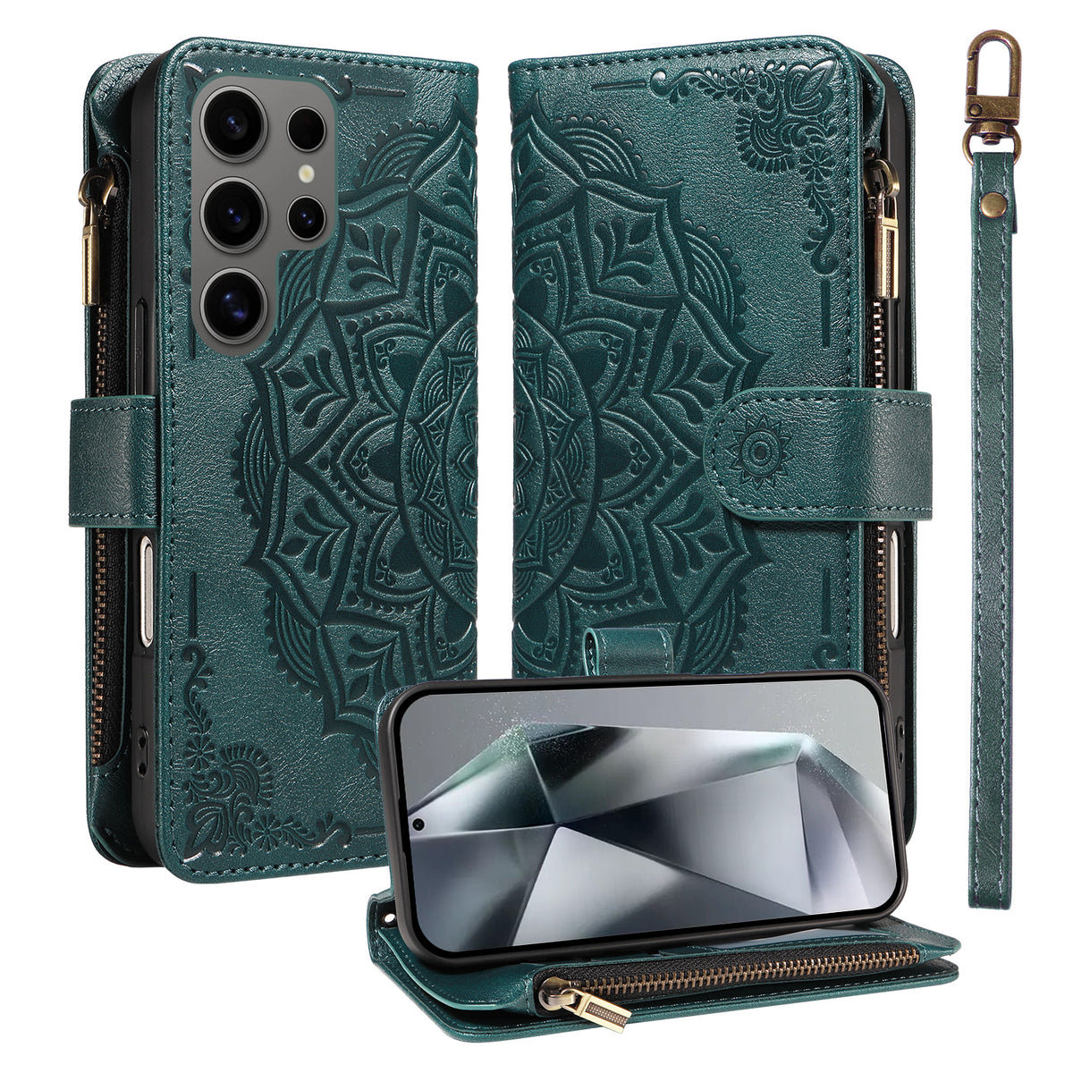 For Samsung Galaxy S24 Ultra Wallet Case 9 Card Slots RFID Blocking Mandala Embossed Leather Flip Cover with Wrist Strap