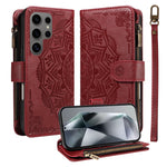 For Samsung Galaxy S24 Ultra Wallet Case 9 Card Slots RFID Blocking Mandala Embossed Leather Flip Cover with Wrist Strap