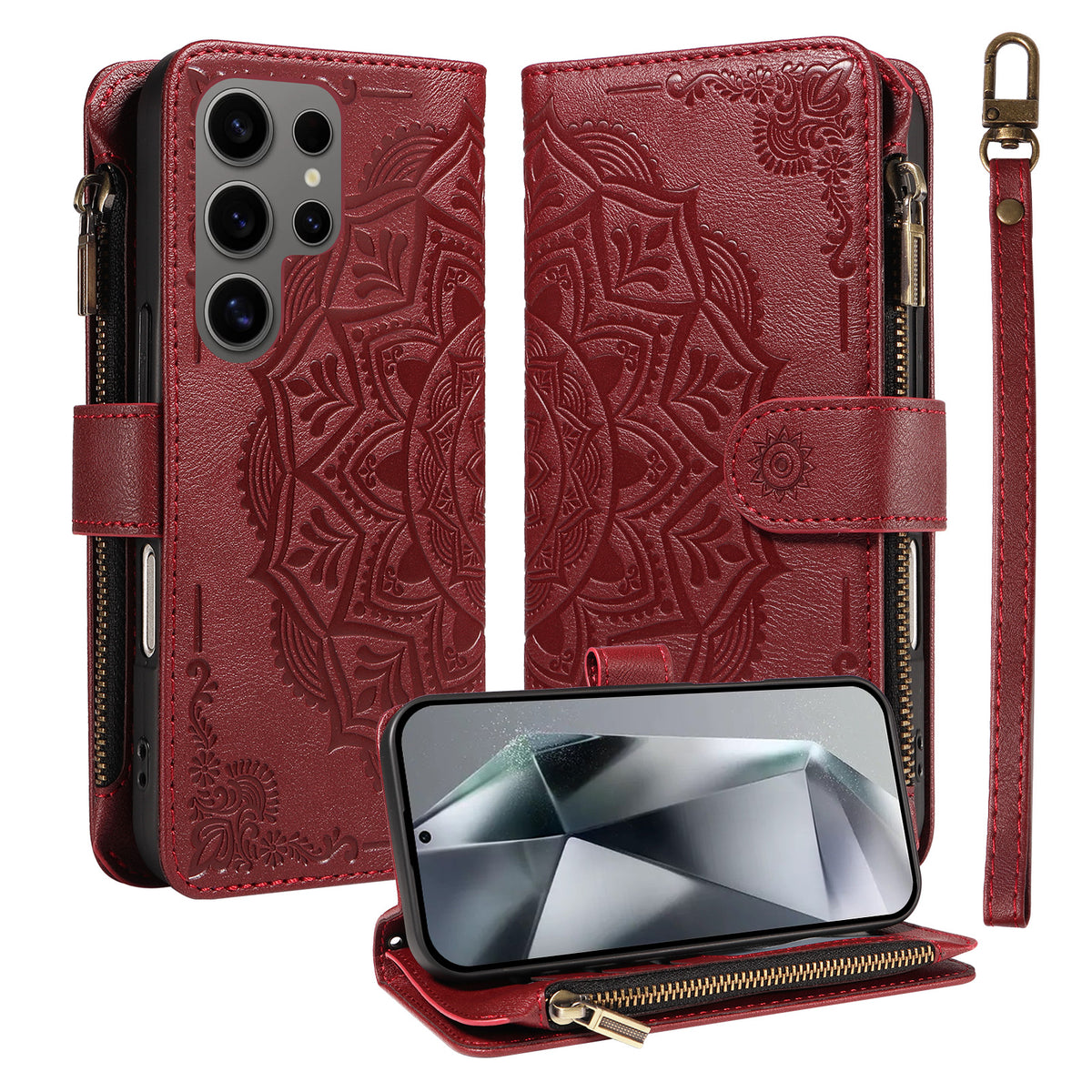 For Samsung Galaxy S24 Ultra Wallet Case 9 Card Slots RFID Blocking Mandala Embossed Leather Flip Cover with Wrist Strap