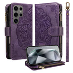 For Samsung Galaxy S24 Ultra Wallet Case 9 Card Slots RFID Blocking Mandala Embossed Leather Flip Cover with Wrist Strap