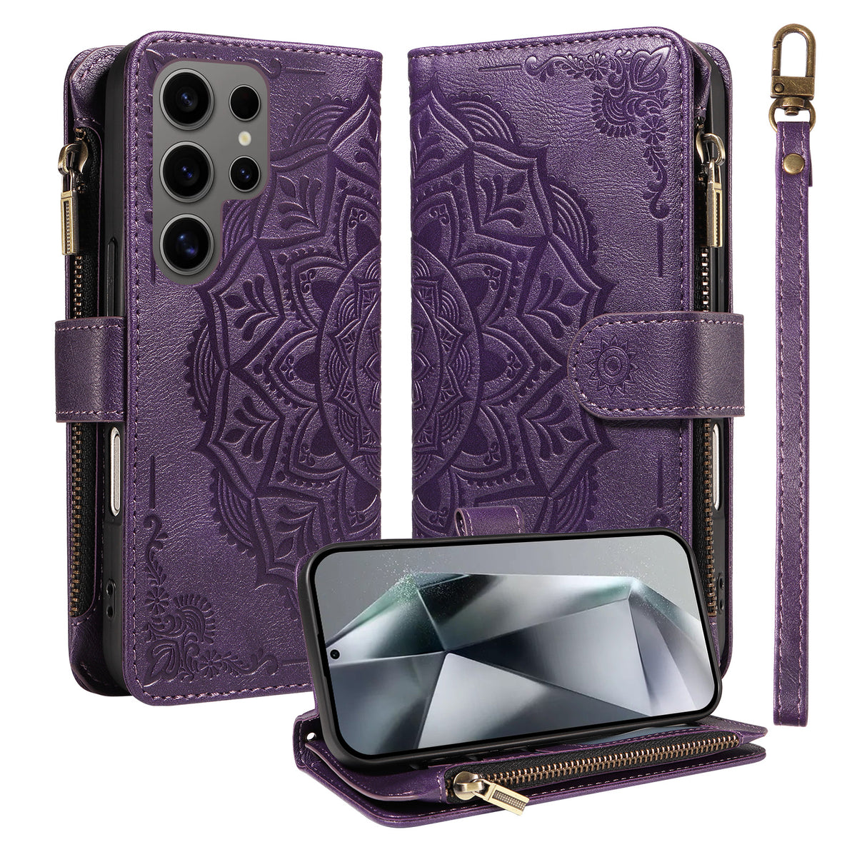 For Samsung Galaxy S24 Ultra Wallet Case 9 Card Slots RFID Blocking Mandala Embossed Leather Flip Cover with Wrist Strap