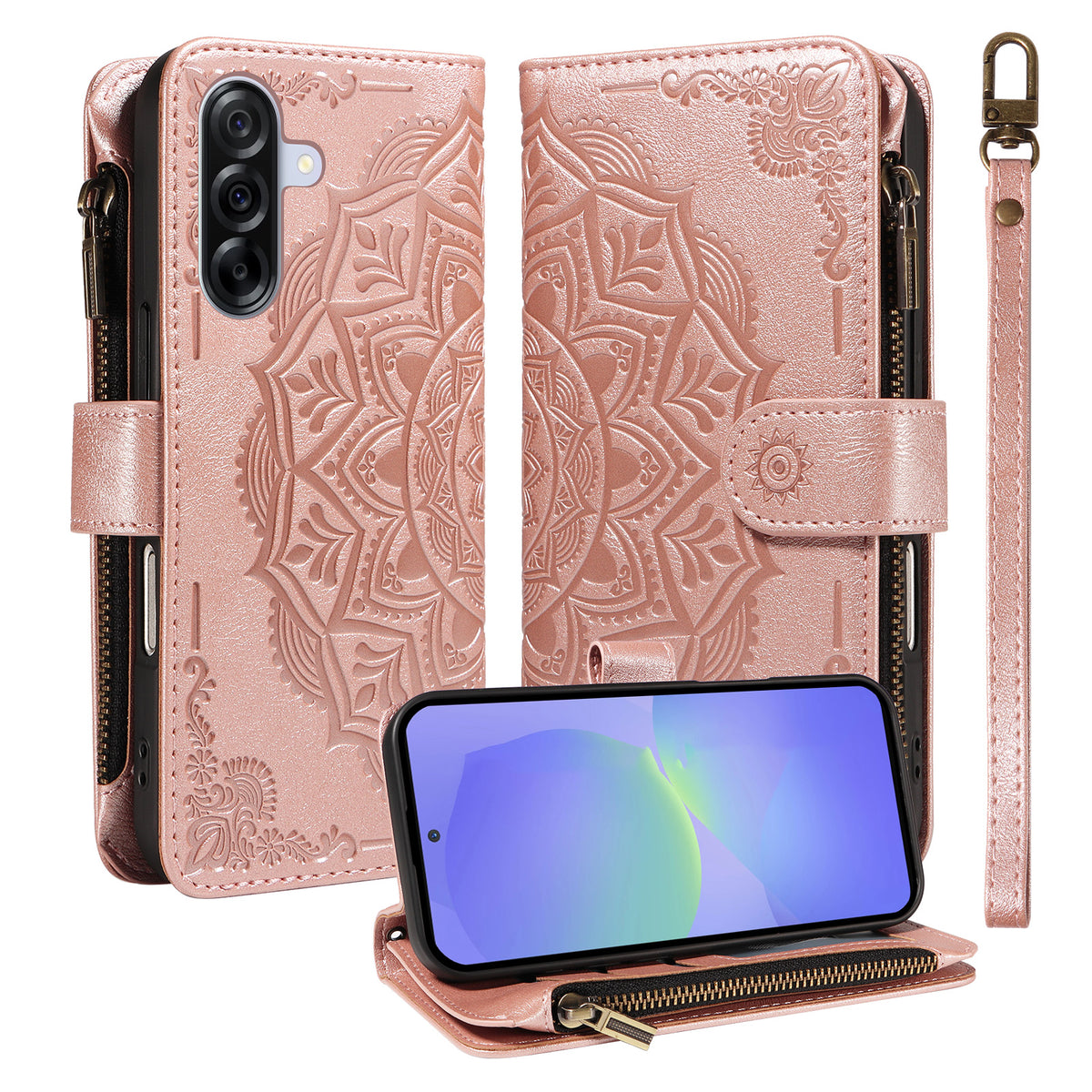 For Samsung Galaxy A36 5G Wallet Case 9 Card Slots RFID Blocking Mandala Embossed Leather Flip Cover with Wrist Strap