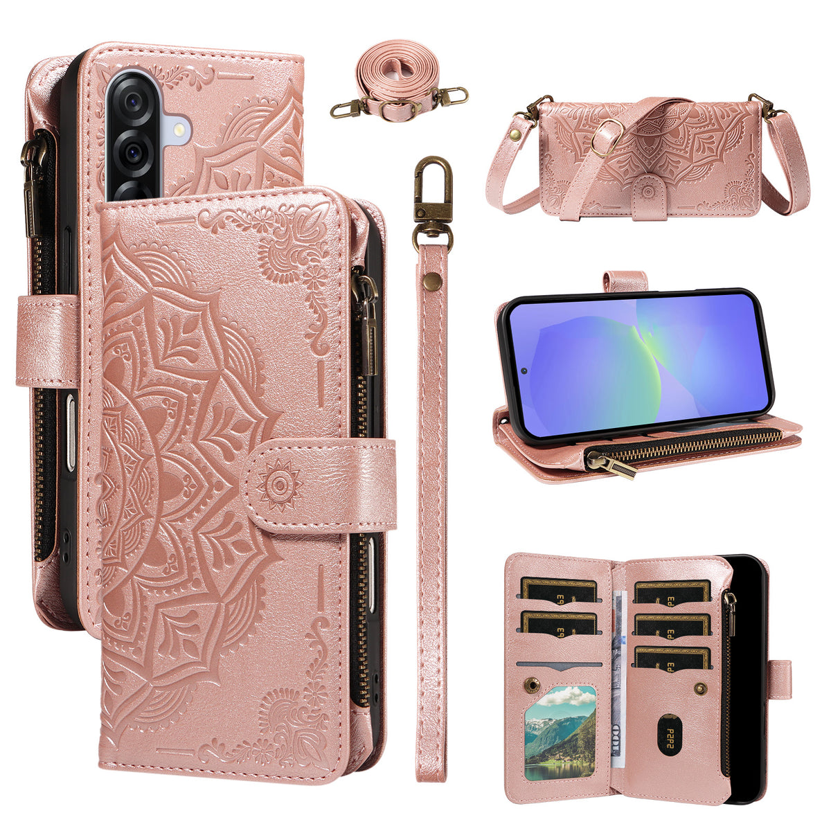 For Samsung Galaxy A36 5G Wallet Case 9 Card Slots RFID Blocking Mandala Embossed Leather Flip Cover with Wrist Strap