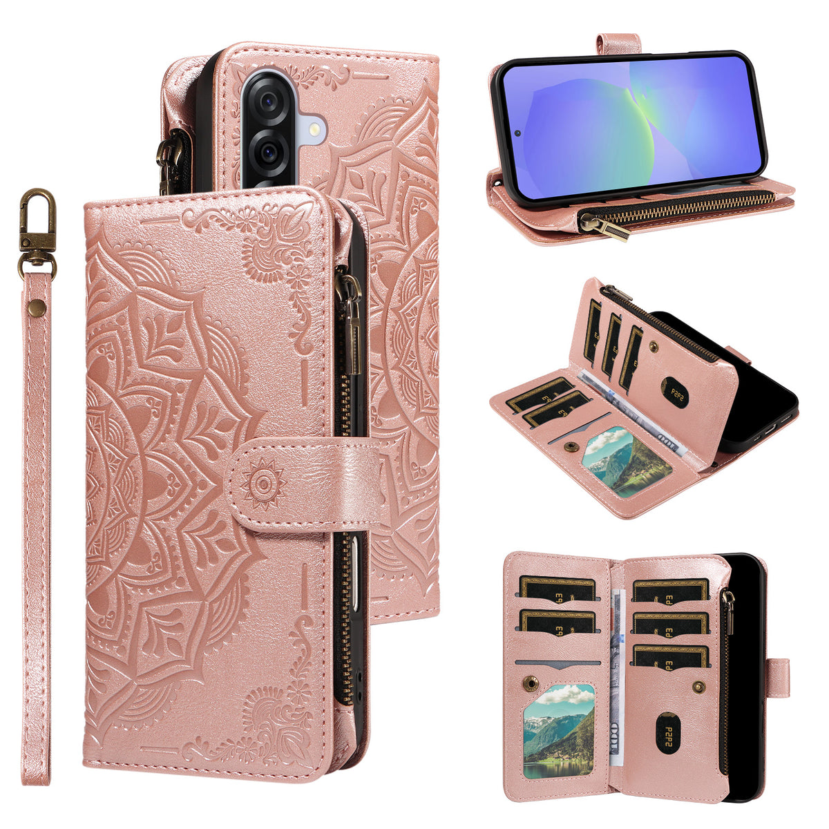 For Samsung Galaxy A36 5G Wallet Case 9 Card Slots RFID Blocking Mandala Embossed Leather Flip Cover with Wrist Strap