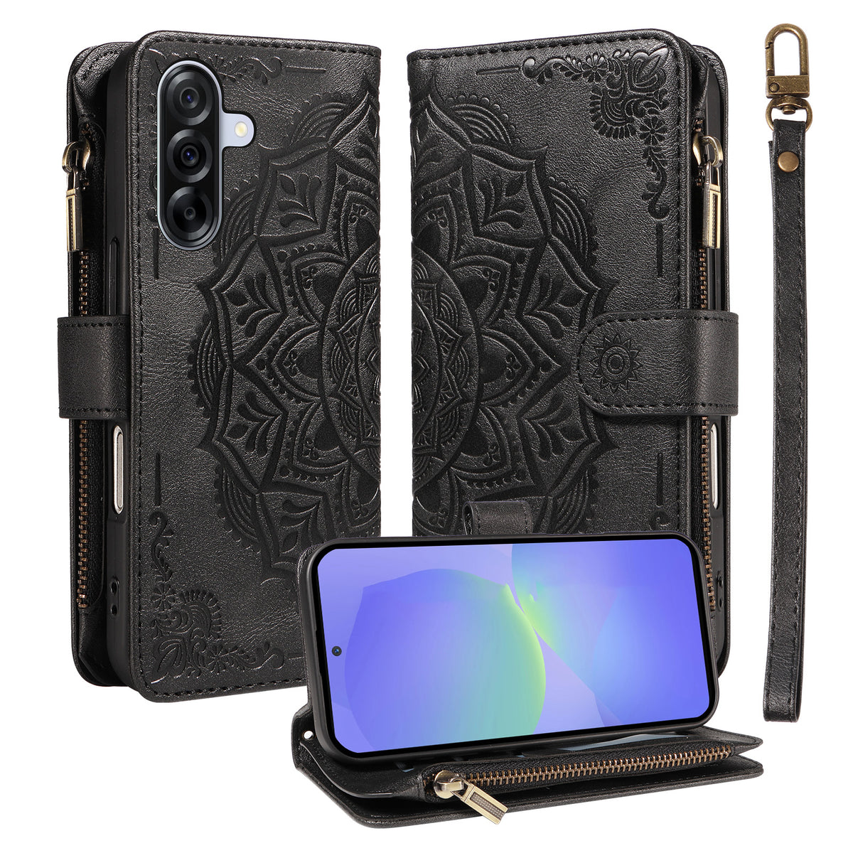 For Samsung Galaxy A36 5G Wallet Case 9 Card Slots RFID Blocking Mandala Embossed Leather Flip Cover with Wrist Strap