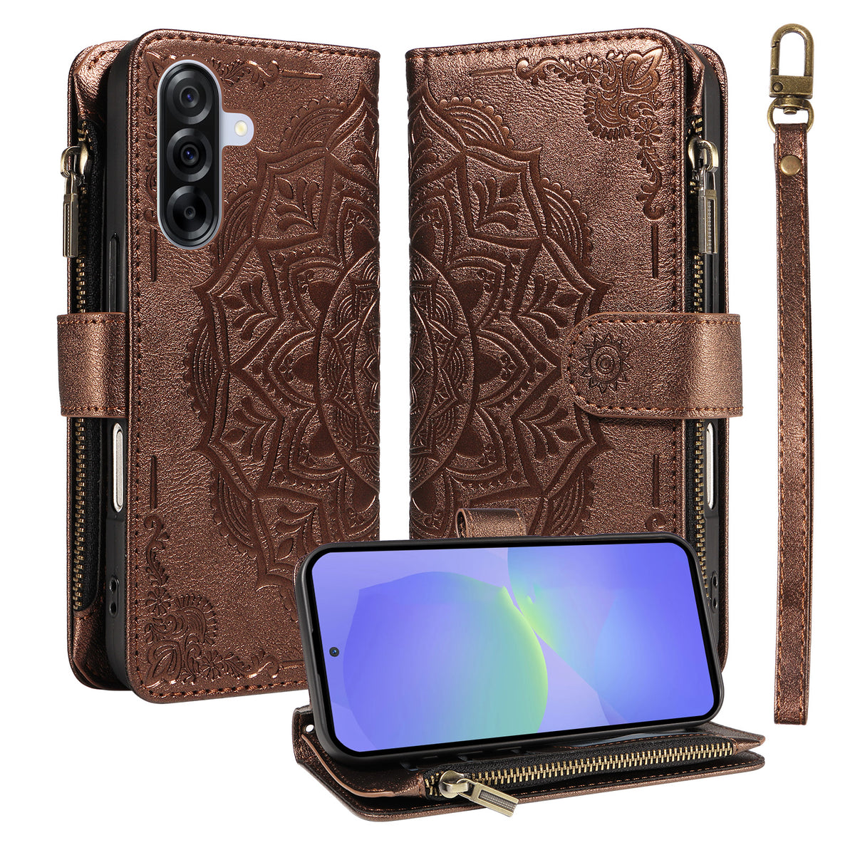 For Samsung Galaxy A36 5G Wallet Case 9 Card Slots RFID Blocking Mandala Embossed Leather Flip Cover with Wrist Strap