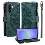 For Samsung Galaxy A36 5G Wallet Case 9 Card Slots RFID Blocking Mandala Embossed Leather Flip Cover with Wrist Strap
